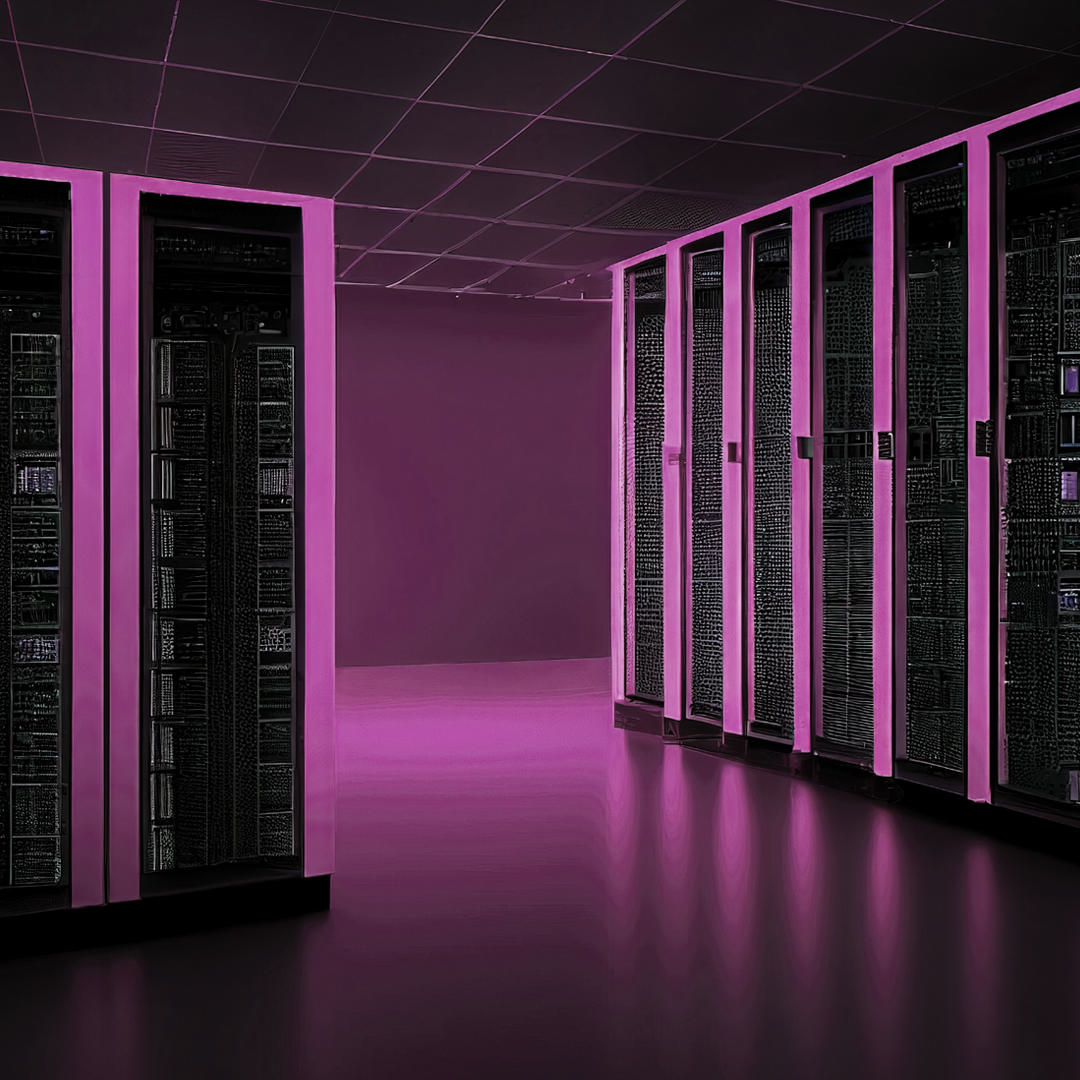 Corredor de data center iluminado em magenta